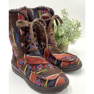 UGG Lacy Boot Nordic Fair Isle Blanket Woven Fabric Faux Fur Warm Sz 7 limited